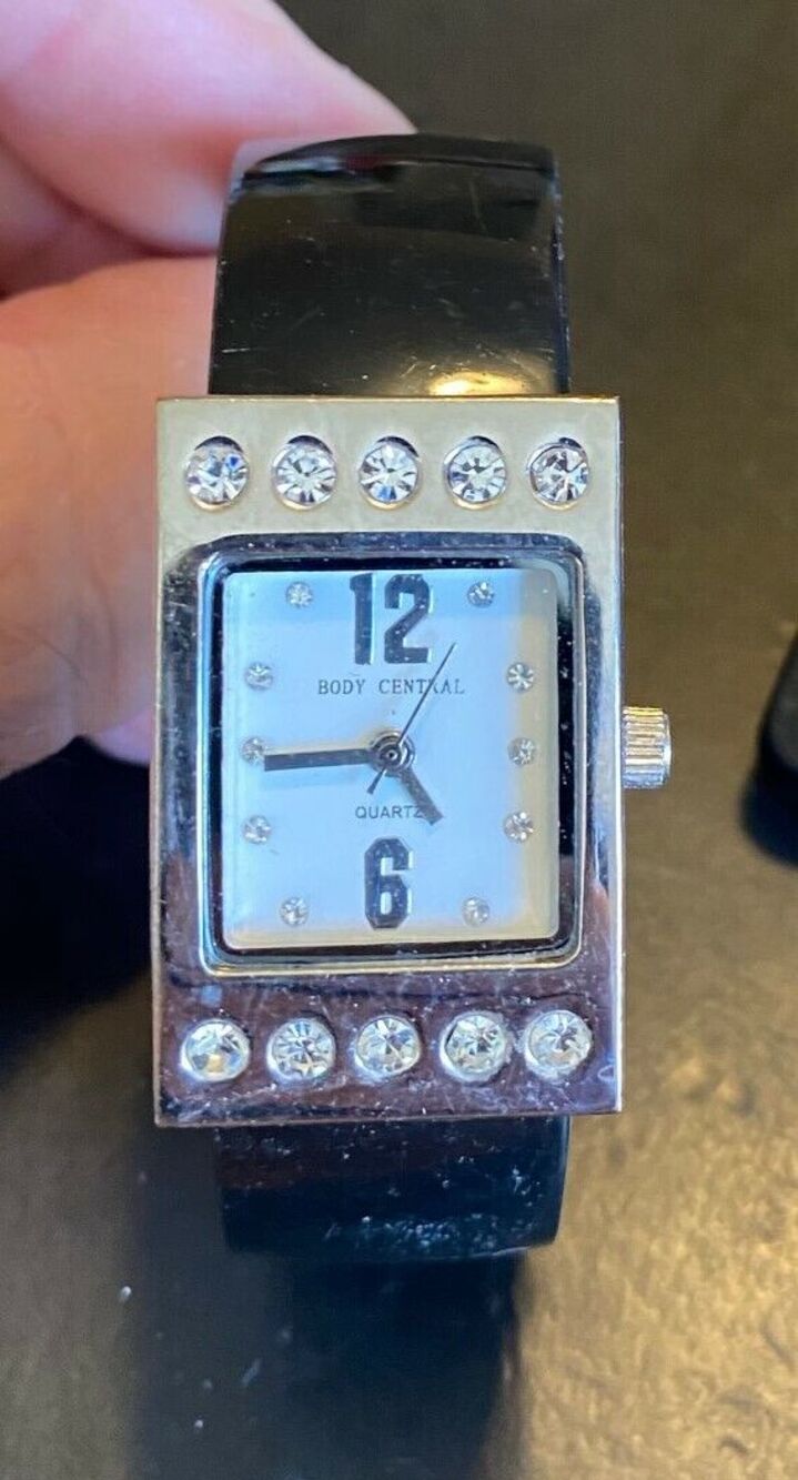 Women's Body Central Bangle Watch Silver Tone and Black Lucite,Crystal Accents
